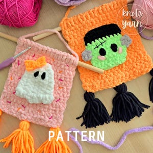 May include: Crocheted Halloween-themed banners in pink and orange, featuring a ghost and Frankenstein's monster. Each banner has a wooden dowel and yarn tassels. The word "PATTERN" is printed at the bottom.