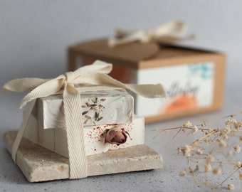 Gift box for Mother's Day with two natural soaps and a travertine soap dish, vegan, zero waste, sustainable