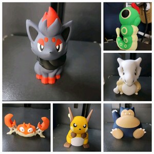 May include: A collection of ten Pokemon figurines, including a grey and red figure with red eyes, a yellow figure with red eyes, a green figure with a yellow belly, a white figure with red eyes, a grey and blue figure with red eyes, and a brown and orange figure with red eyes.