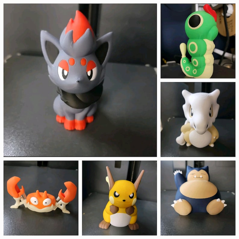 May include: A collection of ten Pokemon figurines, including a grey and red figure with red eyes, a yellow figure with red eyes, a green figure with a yellow belly, a white figure with red eyes, a grey and blue figure with red eyes, and a brown and orange figure with red eyes.