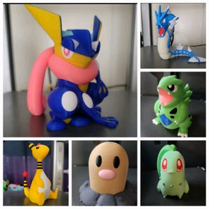 May include: A collection of ten Pokemon figurines, including a blue and yellow Greninja, a green and brown Sceptile, a brown and pink Mudkip, a green and white Treecko, a green and white Grookey, a green and white Bulbasaur, a green and white Chikorita, a green and white Snivy, a green and white Rowlet, and a green and white Piplup.