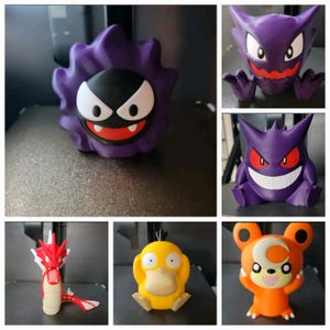 May include: A collection of six 3D printed Pokemon figures. The figures are all different colors and have different expressions. The figures are all about 3 inches tall.