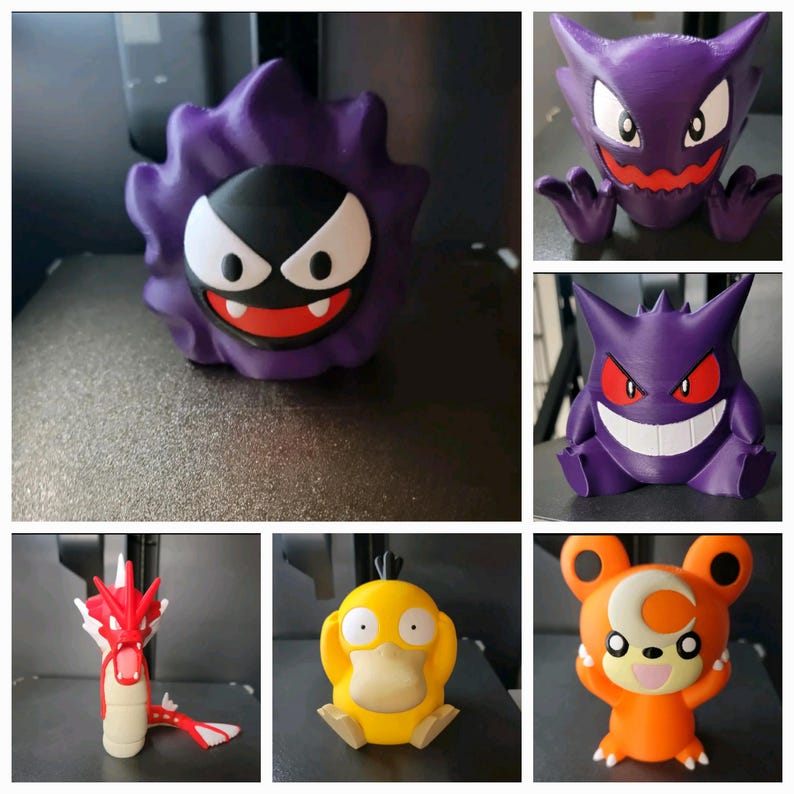 May include: A collection of six 3D printed Pokemon figures. The figures are all different colors and have different expressions. The figures are all about 3 inches tall.
