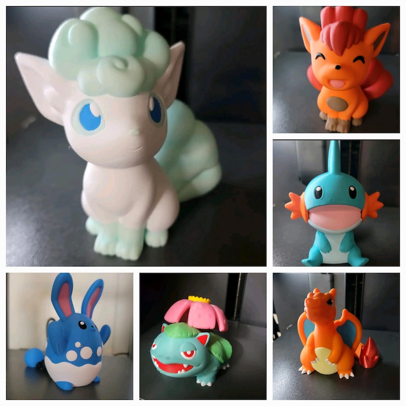 May include: A collection of six Pokemon figurines. The figurines are made of plastic and are painted in various colors. The figurines include a blue and white Eevee, a red and orange Vaporeon, a blue and white Squirtle, a green and white Bulbasaur, a orange and yellow Charmander, and a blue and white Gyarados.