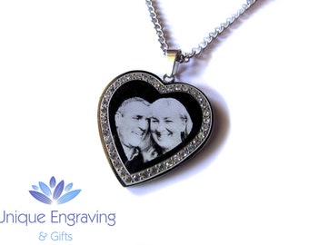 Custom Photo/Text GEMSTONE HEART NECKLACE – Engraved Non Tarnish Memorial Heart Pendant