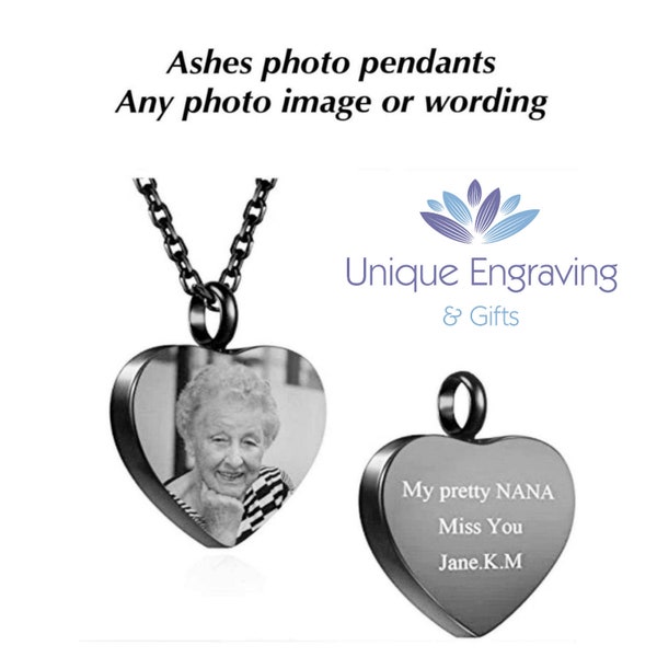 Custom Photo/Text Ashes URN HEART NECKLACE – Engraved Non Tarnish Memorial Heart Pendant