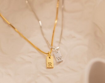 Dainty Intial Tag Necklace By Caitlyn Minimlist, Custom Engraved Letter Pendant Necklace in box Chain, Bridesmaid Gifts.