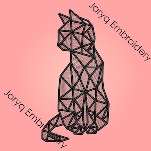 May include: Geometric cat design in black thread on a pink background. The cat is depicted in a sitting position, with a polygonal design. The text "Jarya Embroidery" is diagonally placed on the image.