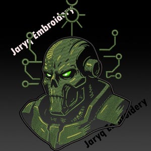Könnte beinhalten: Grün-schwarzes Stickdesign eines Roboterschädels mit leuchtend grünen Augen. Das Design umfasst schaltungsähnliche Muster und den Text "Jaryq Embroidery". Das Gesamtthema ist Science-Fiction.