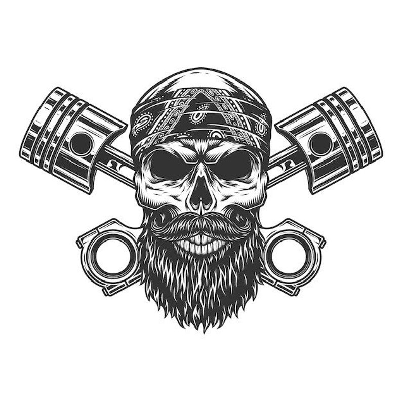 May include: Black and white illustration of a skull with a beard and bandana, crossed by two piston rods.