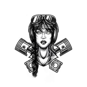 May include: Black and white illustration of a woman wearing a helmet and goggles with crossed pistons behind her.