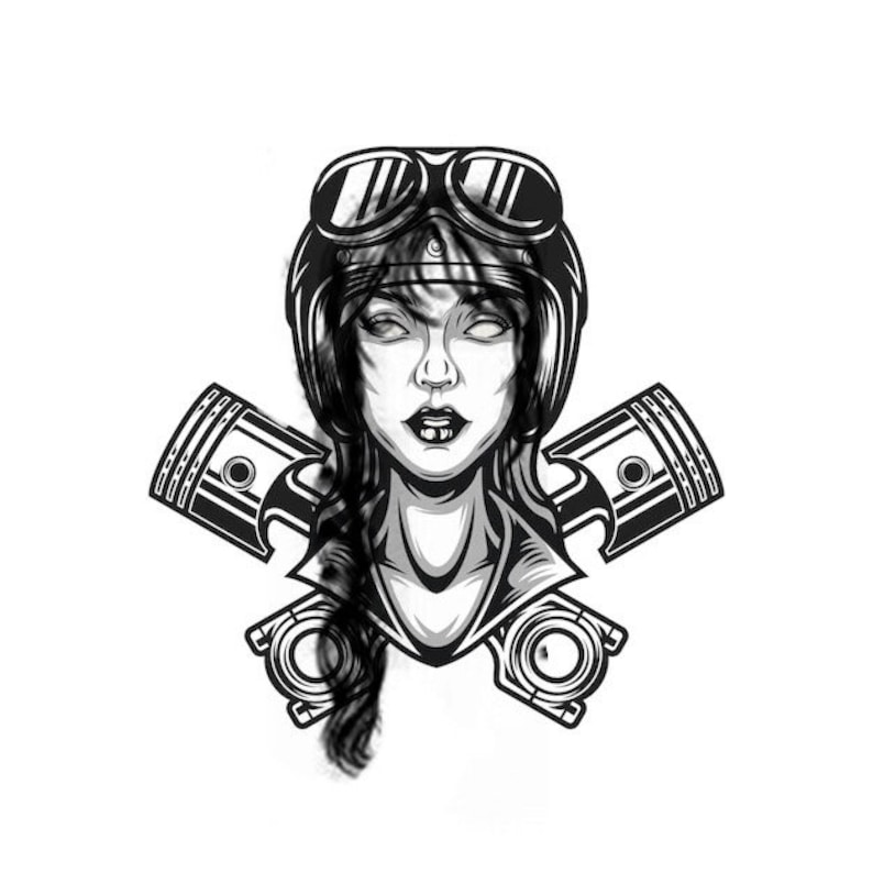 May include: Black and white illustration of a woman wearing a helmet and goggles with crossed pistons behind her.