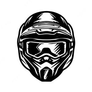 May include: Black and white illustration of a motorcycle helmet with a visor. The helmet has a detailed design with a textured surface.