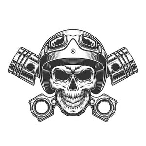 May include: Black and white illustration of a skull wearing a motorcycle helmet with goggles and crossed connecting rods.