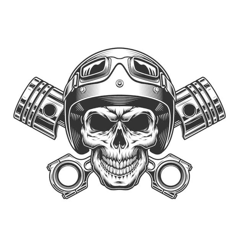 May include: Black and white illustration of a skull wearing a motorcycle helmet with goggles and crossed connecting rods.