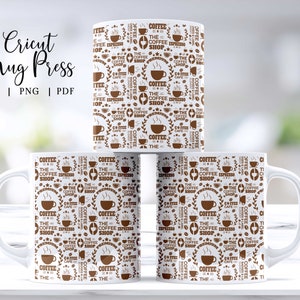 May include: Three white ceramic mugs with brown text and graphics. The mugs are stacked on top of each other. The text on the mugs reads "Coffee, The Coffee Shop, Espresso, Premium, Cafe".