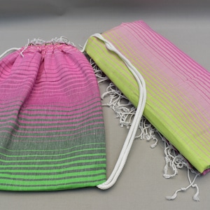 colorful back and towel, beach backpack, turkish peshtemal bag, organic cotton bag, multi purpose towel bag, beach bag 12x16 inch Rainbow-2