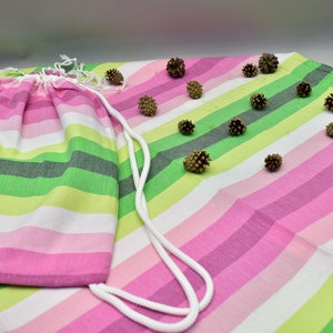 back and towel, pool bag, beach backpack, turkish peshtemal bag, cotton bag, multi purpose towel bag, birthday gift, 12x16 inch Rainbow-9