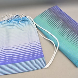 beach bag, turkish towel backpack, cotton peshtemal bag, weekender bag, back and towel, multi purpose bag 12x16 inch colorful blue Shadow