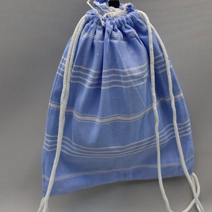 peshtemal bag, beach backpack, turkish towel bag, weekender bag, cotton back and towel, peshtemal summer bag 12x16 inch baby blue Sultan