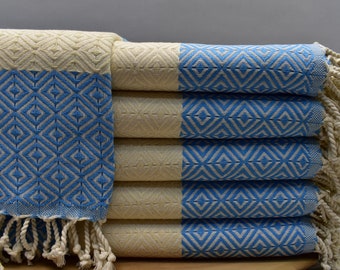 Handwoven Turkish Cotton Beach Towel: Sky Blue Diamond Pattern