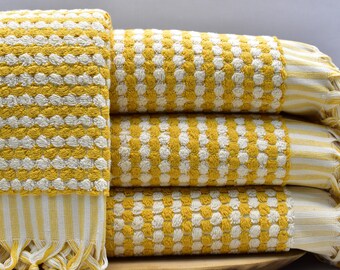 turkish towel, soft towel, bath towel, pom pom towel, spa towel, thick towel 36 x 70 inch beach towel, organic cotton towel, yellow, Boncuk