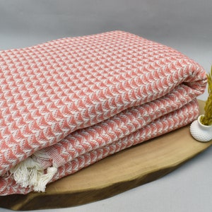 wedding gifts, turkish throws, organic cotton blanket, bed cover, full size blanket, turkish soft bedspread, 76 x 84 inch coral, K-ucgen