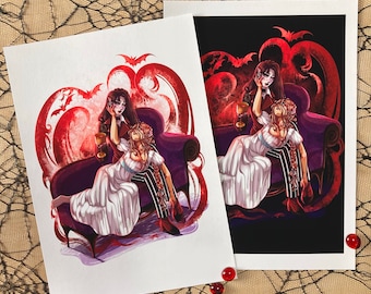 Vampiric Desires Portrait Art Print | Belle femme vampire et amant gothique horreur Halloween lesbienne sapphique