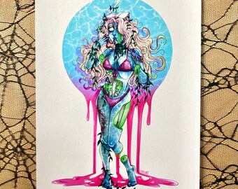 Impression d’art de portrait d’appât de requin | Sombre Horreur Mort-Vivant Zombie Nageur Femme Requin Attaque Mâchoires Halloween