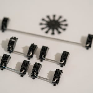 Puede incluir: Un conjunto de bloques de números de plástico negro con una varilla de metal plateado que los atraviesa. Los bloques están dispuestos en forma escalonada, con los números 1, 2 y 3 visibles. Un objeto de plástico negro en forma de estrella se encuentra en el fondo.