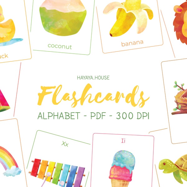 Alphabet Flash Cards - Watercolor - Montessori Educational Learning Homeschooling Printable PDF - 300dpi - Digital Download