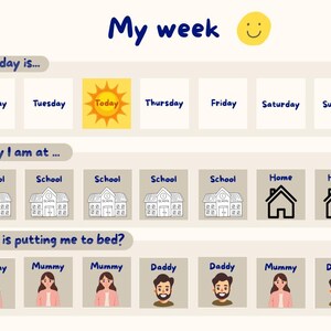 Op de afbeelding: Een kleurrijke wekelijkse planning voor kinderen, getiteld "My week", met een lachende zon. Het toont de dagen van de week, locaties (school of thuis) en wie het kind naar bed brengt, met illustraties van een school, huis en familieleden.