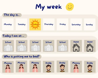 Op de afbeelding: Een kleurrijke wekelijkse planning voor kinderen, getiteld "My week", met een lachende zon. Het toont de dagen van de week, locaties (school of thuis) en wie het kind naar bed brengt, met illustraties van een school, huis en familieleden.