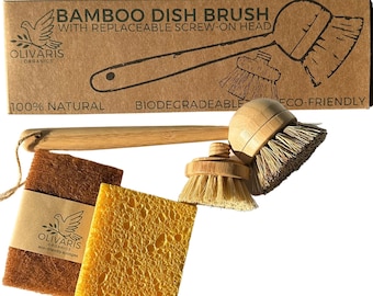 NETTOYAGE À VAISSELLE respectueux de l'environnement | Brosse à vaisselle en bambou + éponges naturelles | Cuisine zéro déchet | Biodégradable | Durable | Coffret cadeau recyclé