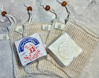 Savon à l’huile d’olive biologique - OFFRE SPÉCIALE - Savon palestinien naturel fait à la main *SANS emballage* dans un sac de sisal écologique - 1 savon + 1 sac de sisal