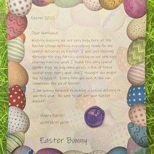 May include: A letter for Easter 2025, decorated with colorful Easter eggs. The letter is from the Easter Bunny and includes a purple wax seal. The text reads "Happy Easter!" and "Easter Bunny."