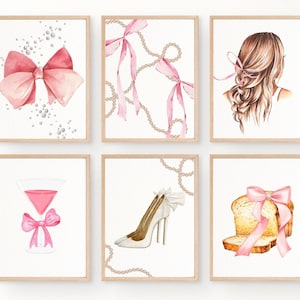Coquette Wall Art Set of 6 Room Decor | Bow Wall Art | Girly Prints | Aesthetic Home Decor | Feminine Art