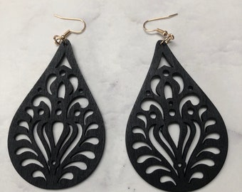 Black Wooden Boho Earrings.  Hippy Style Earrings.  Lightweight Wooden Earrings