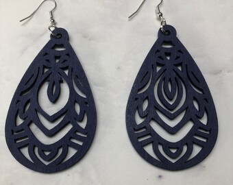 Blue Wooden Boho Earrings.  Hippy Style Earrings.  Lightweight Wooden Earrings