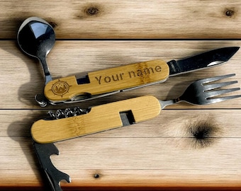 Personalized & Multifunctional Outdoor Camping Cutlery Set Made of Bamboo, for Camping, Trekking, Biking, and Hiking