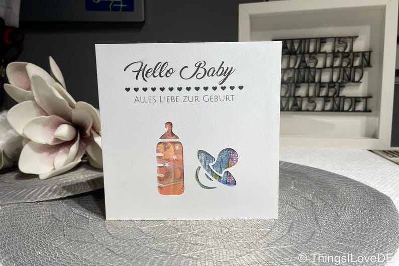 Cash gift card for the birth of a son, daughter, grandson | Congratulations on the birth of a baby | Baby gift, birth gift, pacifier motif metallic polarweiß