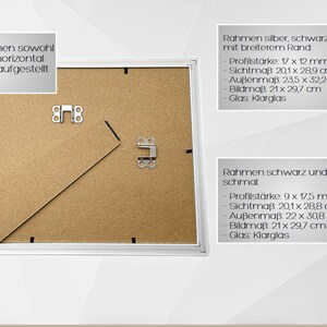 May include: A white picture frame with a black mat and a brown backing. The frame is 21 inches by 29.7 inches. The text on the frame reads: "Die Rahmen k&ouml;nnen sowohl vertikal als auch horizontal aufgeh&auml;ngt und aufgestellt werden."  The frame is available in silver, black, or white with a wide or narrow border.