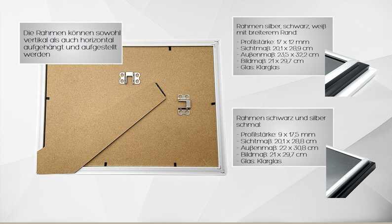 May include: A white picture frame with a black mat and a brown backing. The frame is 21 inches by 29.7 inches. The text on the frame reads: "Die Rahmen k&ouml;nnen sowohl vertikal als auch horizontal aufgeh&auml;ngt und aufgestellt werden."  The frame is available in silver, black, or white with a wide or narrow border.