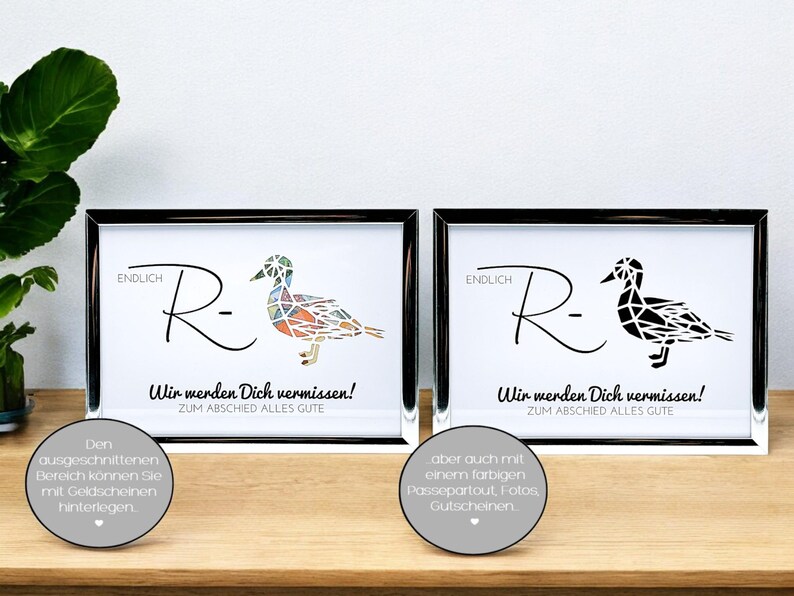 May include: Two silver-framed prints featuring a stylized duck graphic, the text "ENDLICH R-" and "Wir werden Dich vermissen! ZUM ABSCHIED ALLES GUTE". One duck is multicolored with geometric shapes, while the other is solid black with geometric lines.