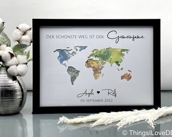 personalisiertes Hochzeitsgeschenk Weltkarte Gemeinsamer Weg | Geldgeschenk zur Hochzeit | ausgefallene Geschenkidee zur Hochzeit