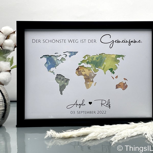 personalisiertes Hochzeitsgeschenk Weltkarte Gemeinsamer Weg | Geldgeschenk zur Hochzeit | ausgefallene Geschenkidee zur Hochzeit