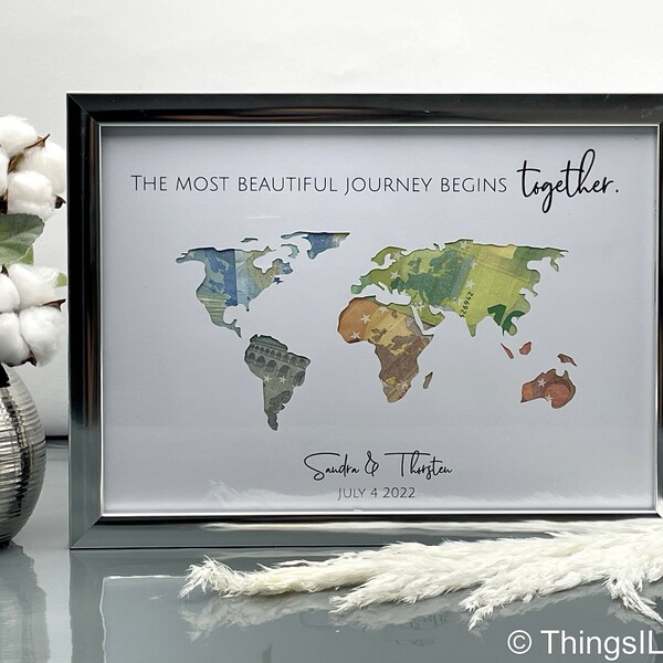 Money gift voucher for wedding world map personalized | Wedding gift