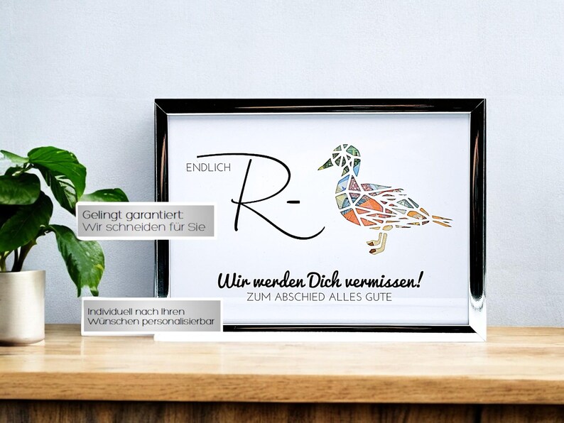May include: A framed print featuring the text ENDLICH R- and a geometric duck illustration filled with multicolored patterns. Below the duck, the text reads Wir werden Dich vermissen! ZUM ABSIED ALLES GUTE. The frame is silver and rectangular.