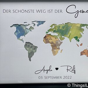 Hochzeitsgeschenk personalisiert Weltkarte Geldgeschenk Hochzeit personalisiertes Geschenk für Brautpaar Bild 2