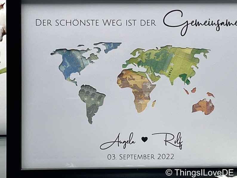 Hochzeitsgeschenk personalisiert Weltkarte Geldgeschenk Hochzeit personalisiertes Geschenk für Brautpaar Bild 2